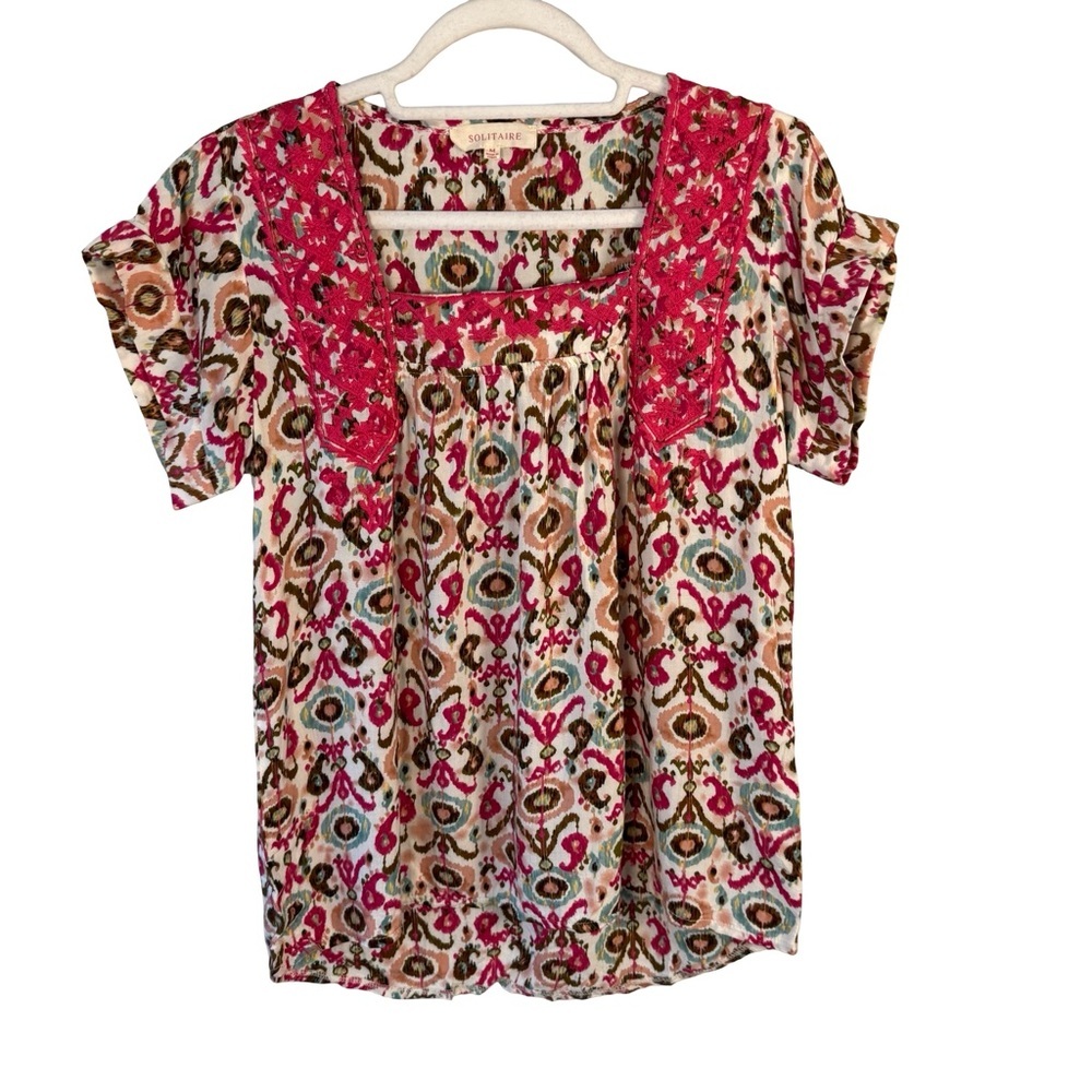 Solitaire Pink Multi-Color Printed Short Sleeve Blouse
